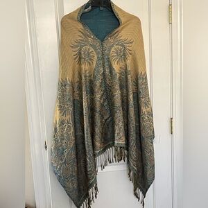 Elegant Tan and Blue Paisley lightweight Shawl one size